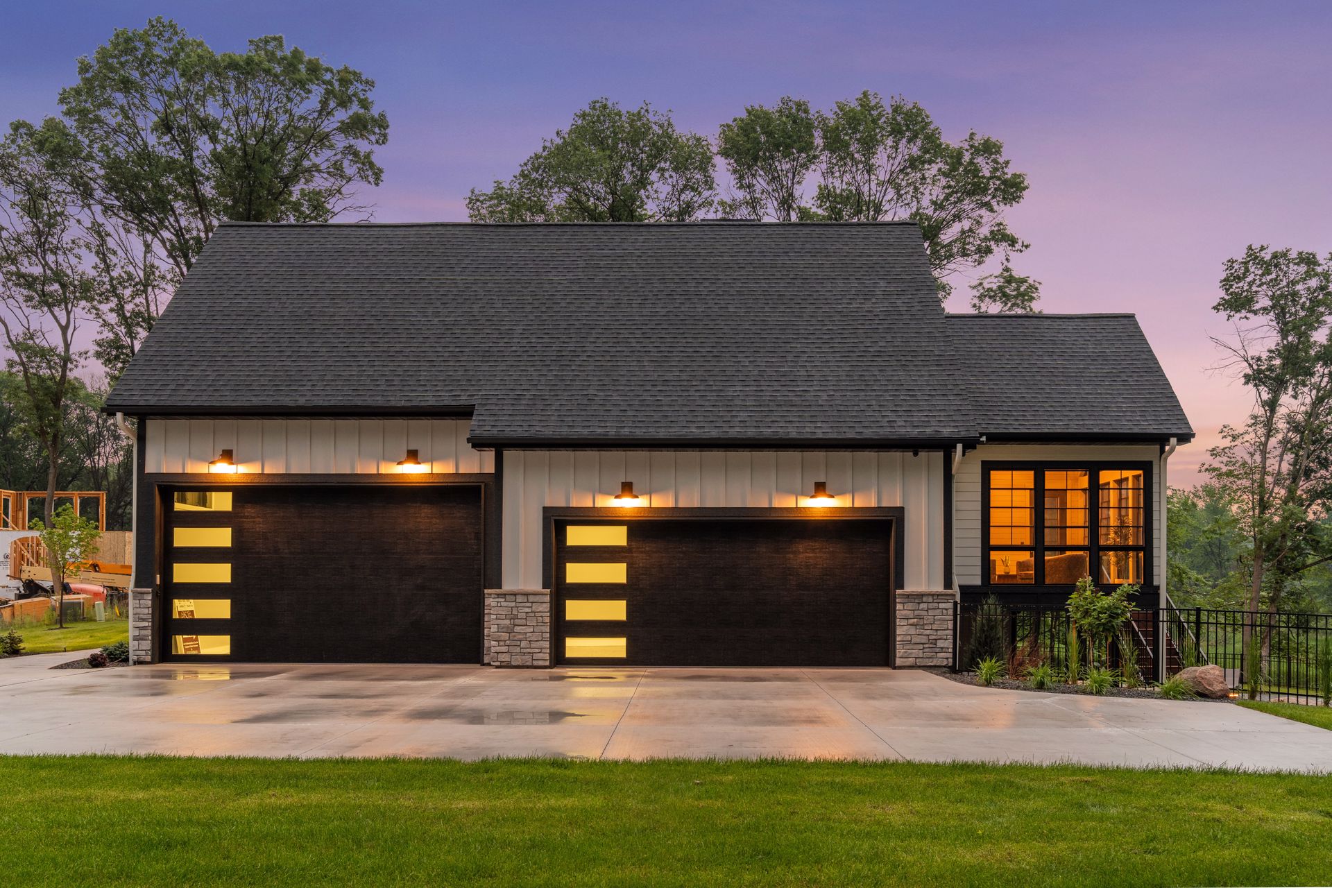 Garage illuminated at dusk